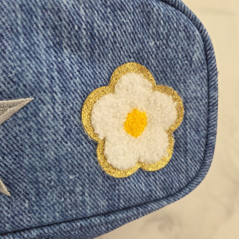 Y2K Blue Denim Cosmetic Travel Pouch Double Zipper Pencil Case Emoji Patches - Picture 12 of 14